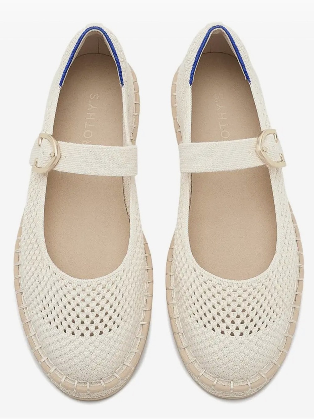 Rothy's Cream Woven Mary Jane Flats with Blue Trim